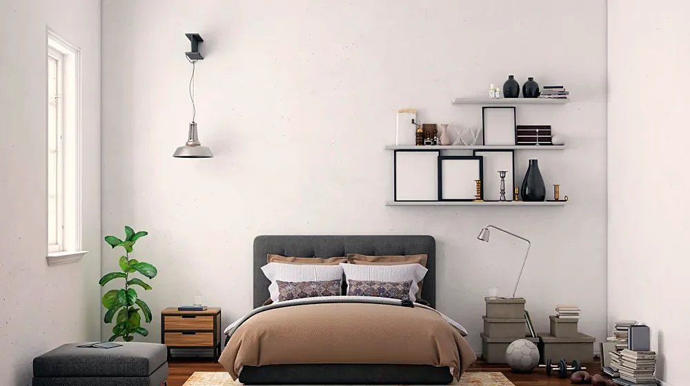 A calm bedroom with a made bed